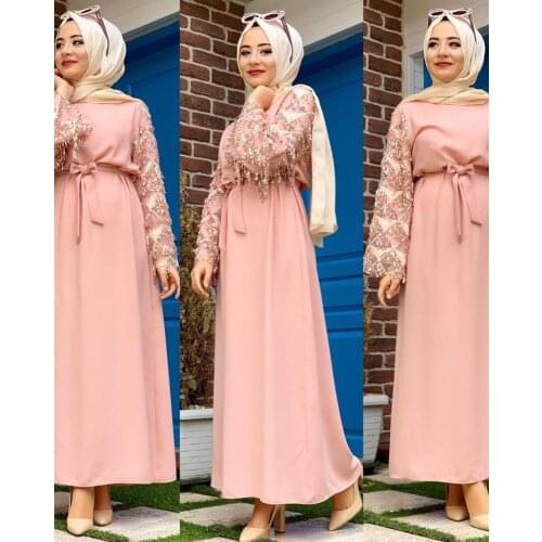 Dubai Arab Muslim Hijab Dress Women Sequin Tassel Lace-up Big Swing Abaya India Moroccan Kaftan Kaftan Robe Islamic Clothing