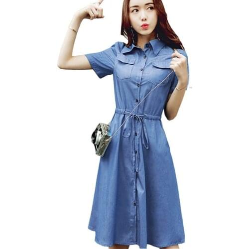 Denim Dress New Trendy A-Line Shirt Jean Dress Midi Blue Womens Elegant XXl cotton slim Cowboy Loose Jeans Dresses Autumn