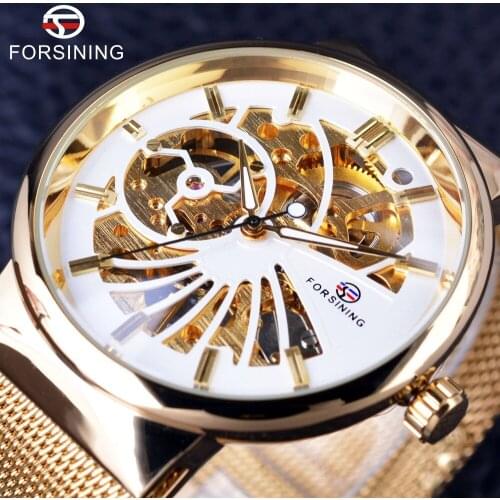 Forsining 2017 Luxury Golden Skeleton Neutral Design Women Mens Watches Top Brand Luxury Stainless Steel Waterproof Wristwatches
