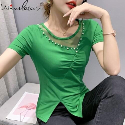 Summer Korean Style Cotton Slit T-Shirt Sexy Spliced Mesh Chic Solid O-Neck Shiny Beads Women Tops Short Sleeve Tees New T14710A