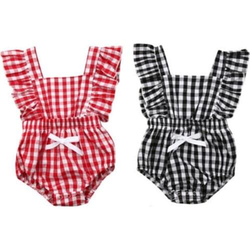 Newborn Baby Girls Plaid Romper Infant Baby Girls Ruffles Plaids Romper Cotton Sleeveless Jumpsuit Outfits Summer Clothes 0-24M