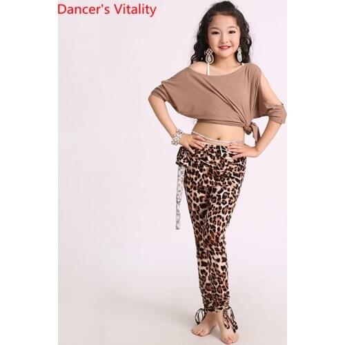 Belly Dance Suit Bat Sleeves Top Leopard Print Pants Practice Clothes Set Orienta Dancing Child Performance Clothing Summer