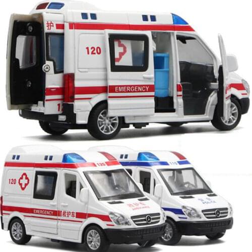 New Simulation Ambulance 1:32 Hospital Rescue Police Metal Cars Model Pull Back Sound and Light Alloy Diecast Car Toys Gifts