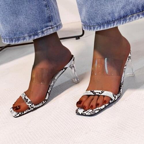 Fashion Womens Snake Print Transparent High Heels Slip-on Casual Square Toe Beach Party Shoes Sandals Sandalias De Mujer#35