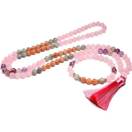 Natural 8mm Rose Quartz and Auralite 23 Beads Necklace 108 Bead Mala Grey Labradorite Jewelry Sunstone Buddha Bracelet Women