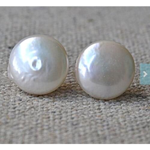 New Arrival Favorite Pearl Jewelry 14mm Coin Freshwater Pearl Stud 925 Silver Earrings Wedding Birthday Fine Jewelry Women Gift