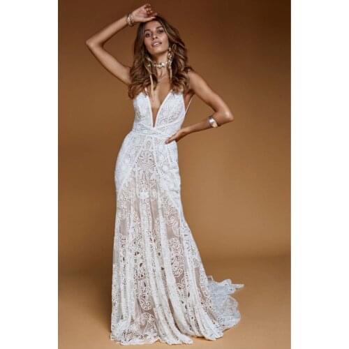 Verngo 2021 New Design Boho Full Lace Weddding Dresses Beach V Neck Sexy Backless Sweep Train Bohemian Bridal Gowns Plus Size