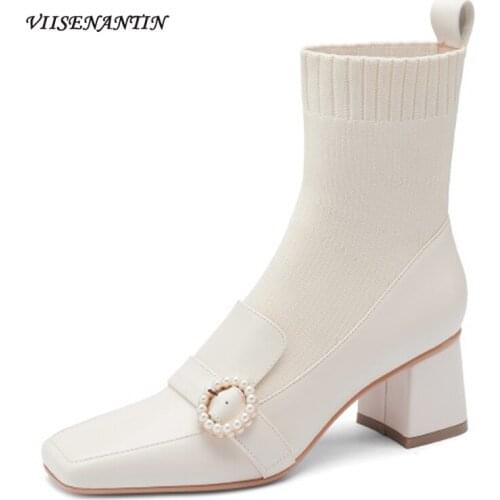 Square Toe Thick-heeled Short Boots Mid-heel 2021 Autumn New Knitted Elastic Stocking Boots Pearl Belt Buckle High-heeled Boots