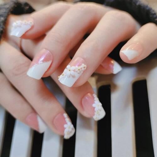 24pcs Flower Printed Nails Patch Square Head Glue Type Mid Length Paragraph Fashion Removable Manicure False Nails Patch SANA889