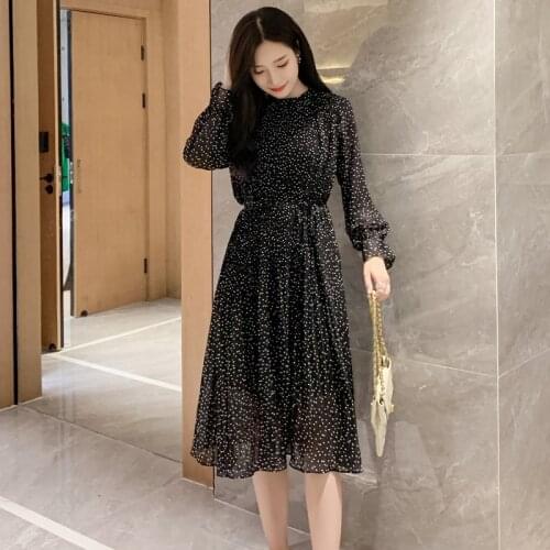 2 Color Autumn Spring Long Sleeve Black Pleated Dress Print Midi Apricot Elegant Casual Party Korean Runway Vestidos
