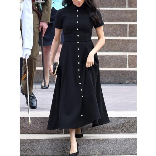 Meghan Fashion New Summer Womens Midi Dress High Quality Elegant Vintage High Street Party Casual Office Button Black Dress