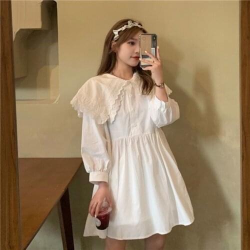 Japanese Women Dress Double-layer Lace Collar Anime Kawaii Dresses Lolita Style Mori Girl Oversize High Waist White Dress