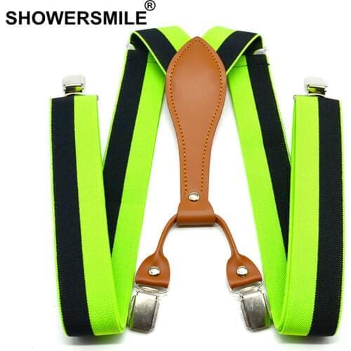 SHOWERSMILE Stripe Suspenders Men Fashion Green Trouser Belts 3.5cm Elastic Pants Straps 4 Clips Suspenders Male Yellow Red Blue