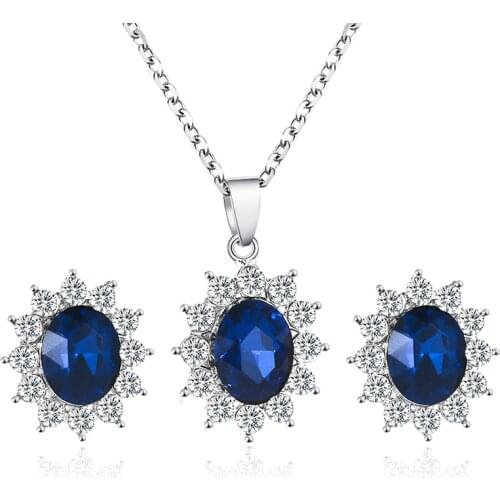 Blue Crystal Sun Flower Zircon Stud Earrings Necklace Jewelry Set for Ladies Women Engagement Wedding Necklace Earrings Set