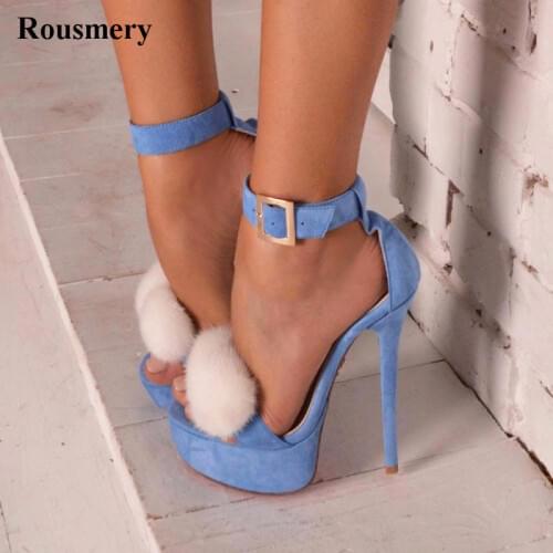 Women New Fashion Open Toe Blue Ankle Strap High Platform Denim Sandals Summer Hot Buckle Design High Heel Sandals Dress Shoes