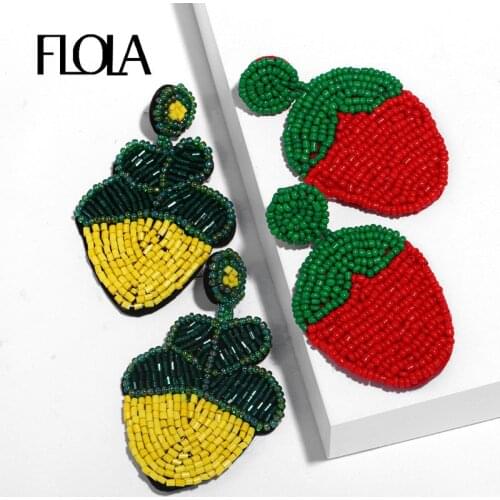 FLOLA Red Beaded Fruit Earrings Pineapple Statement Large Strawberry Drop Earrings Woman Pendientes Summer Jewelry Boho ersq92