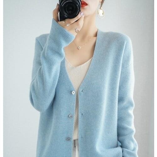 100% Cashmere And Wool Cardigan Women Coat Autumn V-Neck Collar Warm Jacket Long Sleeve Soft Sweater Female Elastic Outwear