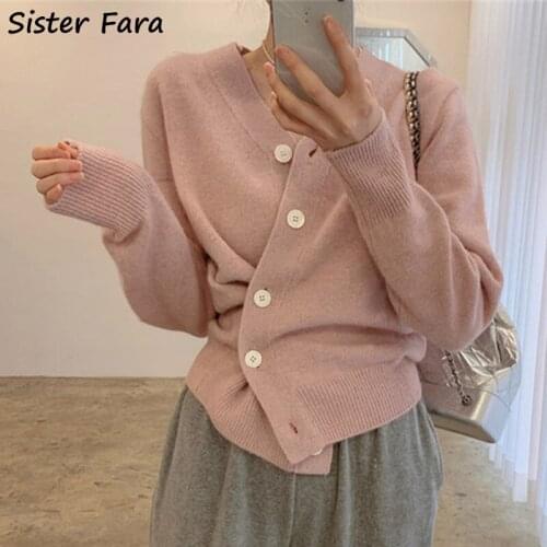 Sister Fara Winter Women Elegant Irregular Cardigan Short Knitwear Sweater Fashion Ladies Single Breasted Solid Sweater Autumn