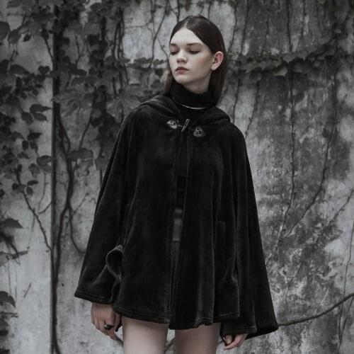PUNK RAVE Womens Dark Velvet Embroidered Cloak Jacke Loose Irregular Hem Back Silver Crescent Moon Personality Hooded Cape Coat