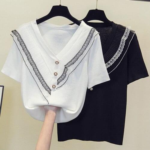 L-4xl plus size women fashion lace Patchwork ruffle kint pullover loose casual short sleeve v neck Summer Oversized sweaters
