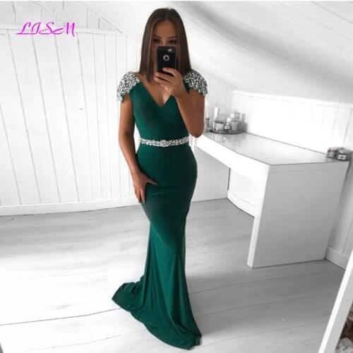 Dark Green Mermaid Evening Dresses 2020 Beaded Sequins Cap Sleeves Long Formal Gowns Zipper Back Prom Dress Robe De Soiree