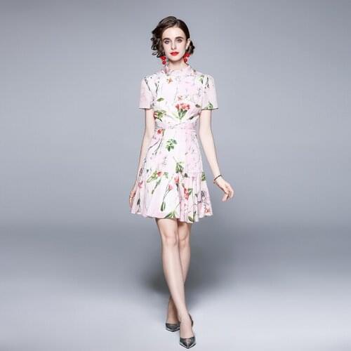 Fashion Designer Pink Floral Printed Summer Dress Women Stand Short-Sleeved High Waist Sweet Beach Ruffles Mini Dress K1537