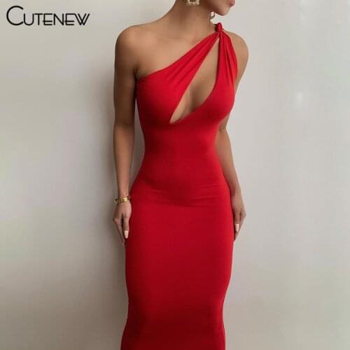 Cutenew Sexy Hollow Out Midnight Clubwear Maxi Dress For Women 2021 Solid One Shoulder Birthday Outfits Slim Bodycon Party Dress