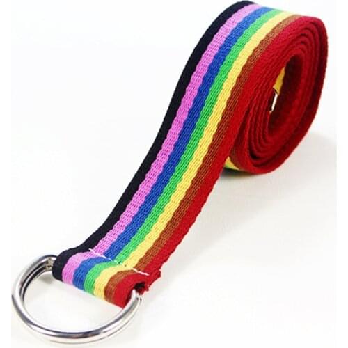 130cm Dual Ring Fashion Canvas Waist Belt Rainbow Color Striped Strap Waistband