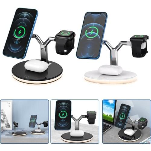 Wireless Charger 3 In 1 15W Quick Magnetic Charging Base with Light Touch Design Type-C USB for Apple Phone Watch Earphone