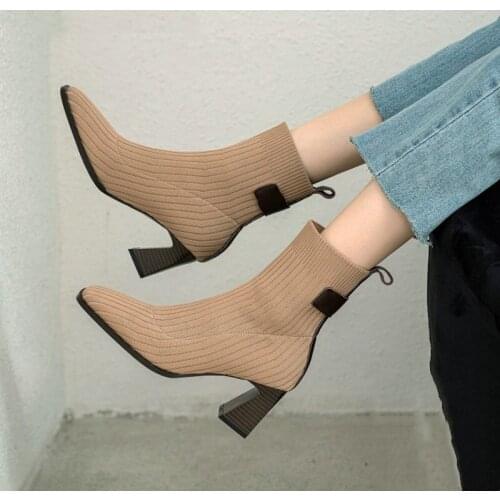 7 CM High Heels Sock Martin Boots 2022 Women Shoes Autumn New Fashion Square Toe Square Heel Calf Booties Knit Fabric Pumps