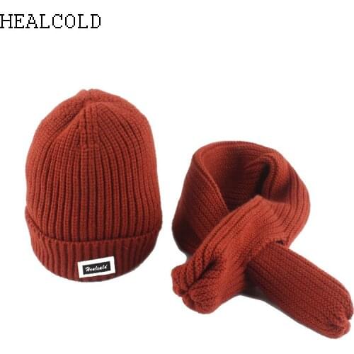 HEALCOLD Brand Winter Skullies Beanies Kids Cap Boy Girl Solid Color Wool Knitted Hat And Scarf Set For 3-8 years old