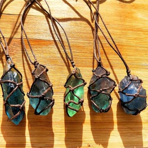 Natural Quartz Crystal Stone Blue-green Fluorite Treatment Stone Fluorite Ornament Fluorite Pendant With Hand-woven Braided Rope