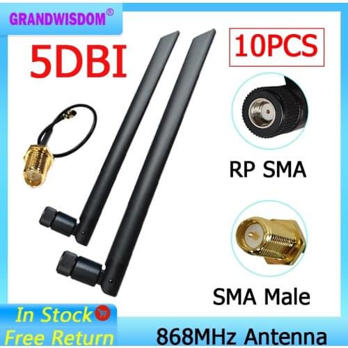 10pcs 868MHz 915MHz Antenna 5dbi RP-SMA Connector GSM 915 MHz 868 MHz antena antenne +21cm SMA Male /u.FL Pigtail Cable