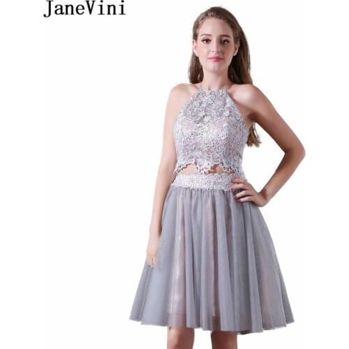 JaneVini 2018 Charming Two Pieces Bridesmaid Dresses for Women Halter Lace Appliques Backless Sexy Mini Tulle Formal Prom Gowns