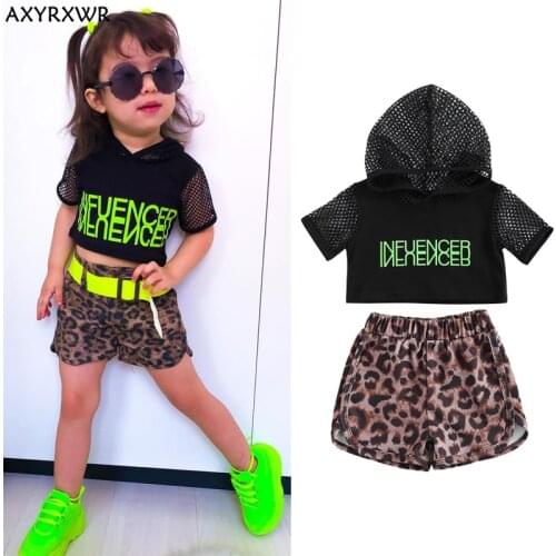 1-5Y Fashion Girls Summer Clothes Sets Letter Print Mesh Fishnet Hooded Tops+Leopard High Waist Shorts Tracksuits Outfits 2PCS