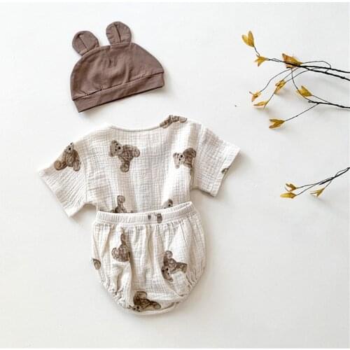 2021 0-12M Infant Baby Cotton Linen Clothes Boys Girls Summer Bear Print Short Sleeve Button Top+Shorts+Hat Outfits 3pcs Set