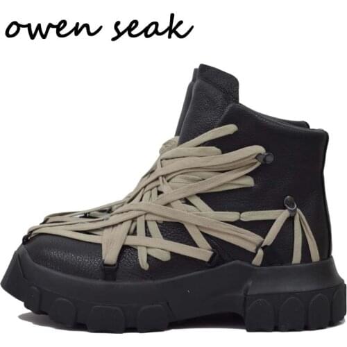 Owen Seak Men Riding Boots Genuine Leather High-TOP Ankle Heighten Luxury Trainers Casual Street Flats Autumn Winter Shoes