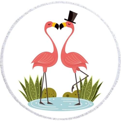 Hot Sale Cartoon Flamingo Lovers Printed Beach Towel 150cm Large Women Round Beach Towel with Tassels Yoga Mat Toalla Playa Mats
