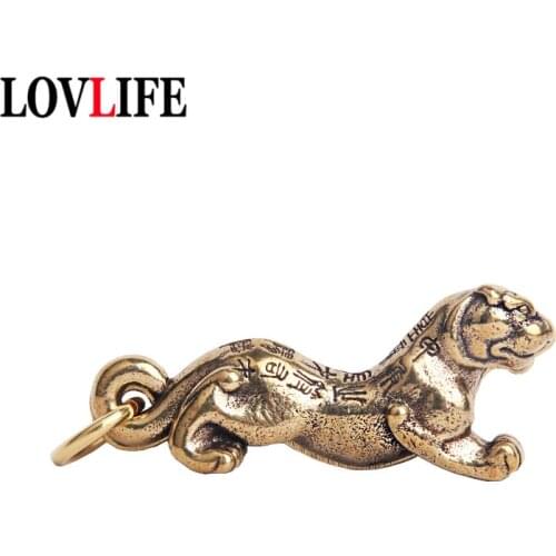 Copper Zodiac Animal Tiger Figurines Token of Rights Keychain Pendants Trinkets Metal Brass Vintage Lucky China Thrones Keyrings