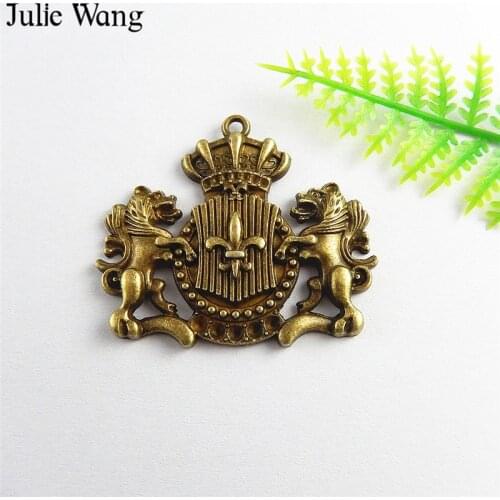 Julie Wang 5pcs Alloy Antique Bronze Lion Guardian badge Charms Necklace Pendants Earrings Findings Jewelry Making Accessory