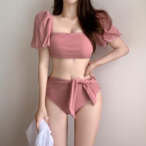 New 2 piece INS Korean fashion sleeve cover arm hot spring bandeau swimsuit hot pink swimsuit bathing suits woman 2021 bikini