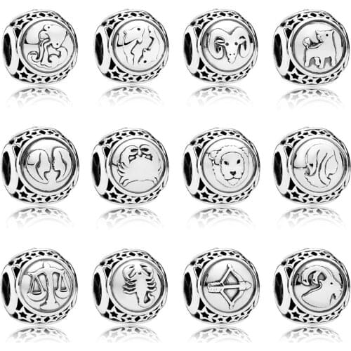 QANDOCCI Vintage Openwork Twelve Constellations Beads Fit Pandora Bracelet Bangle 925 Sterling Silver Bead Charm DIY Jewelry