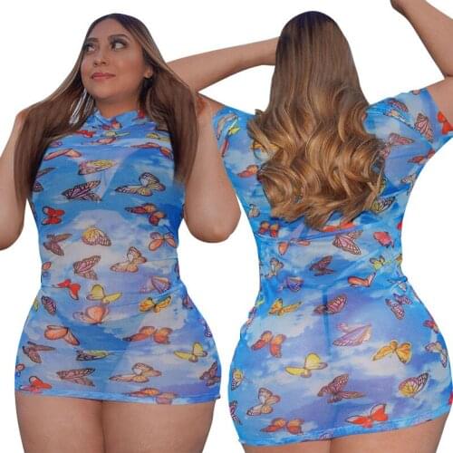 Plus Size Xl-5xl Sexy Dress Women Summer 2021 Wholesale Butterfly Print Mesh Mini Dresses New Night Club Outfits Dropshipping