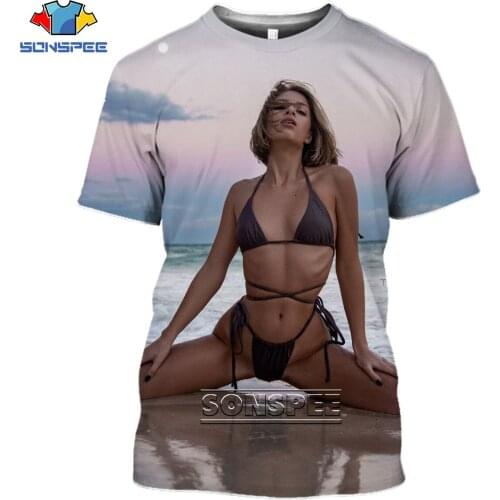 SONSPEE 3D Sexy Beauty Bikini Print T-shirt Summer Mens Beach Swimwear Goddess Oversize Loose Otaku Fashion Top