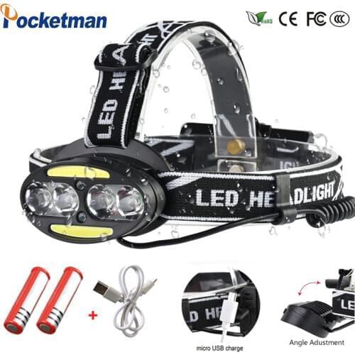 Headlight Super Powerful headlamp 4* XM-L T6 +2*cob+2*Red LED Head Lamp Flashlight Torch Lanterna with batteries charger z91