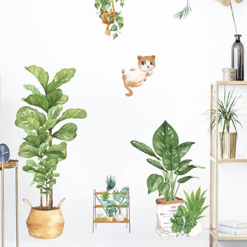 Tropical Plants Potted Wall Stickers for Living room Bedroom Wall Decor Vinyl PVC Tile Sticker Kids rooms Porch Cat Decor Decals