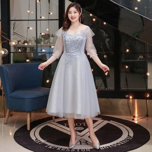 Evening Dress O-Neck Half Sleeves Embroidery Empire Pleat Tea-Length Fashion Lace Up A-Line Plus Size Women Formal Gowns D1202