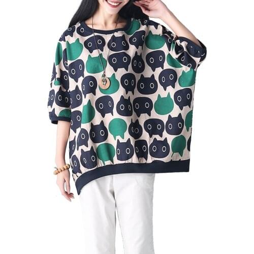 Johnature Women T-Shirts Cotton Linen Women Tops Print Cats Mori Girl Japan Style 2020 Summer New Casual T-Shirt Sweet