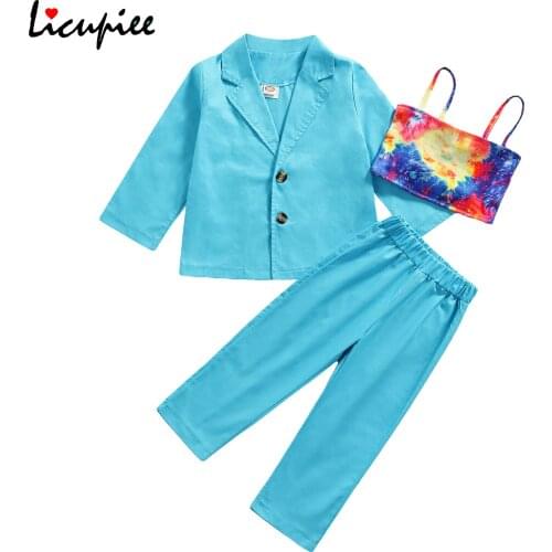 2-7 Years Baby 3pcs Little Girls Outfit Leisure Style Solid Long Sleeve Lapel Suit Tops + Long Pants Mixed Color Short Camisole