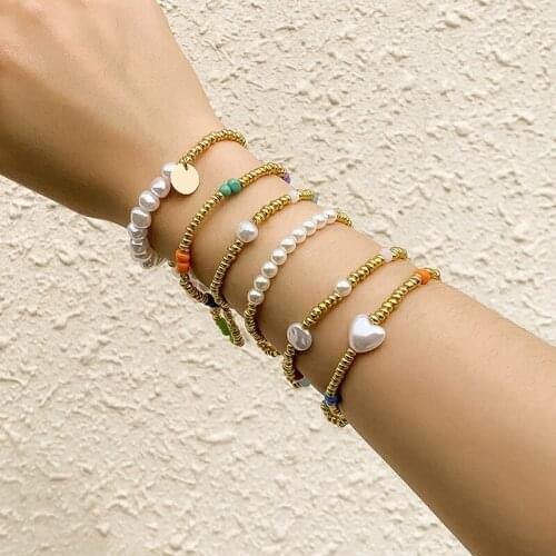 Minar Bohemia Colorful Beads Charm Bracelets Set for Women Gold Color Beaded Love Heart Faux Pearls Elastic Bracelet Accessories